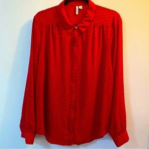 Elle Red with Black Polka Dot Women’s Blouse with Scalloped Button Trim